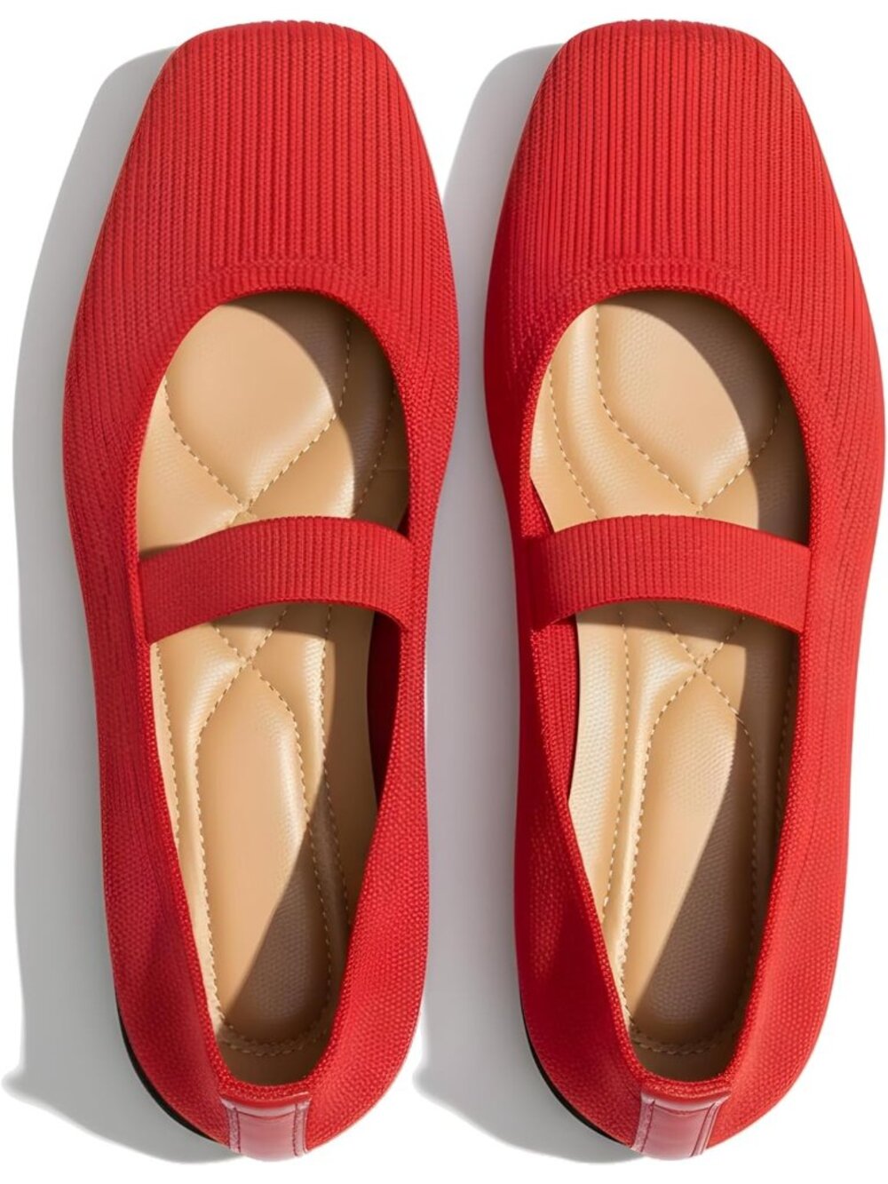 Women's Red Mesh Comfortable Elastic Strap Casual Square Toe Ballet Flats Shoes